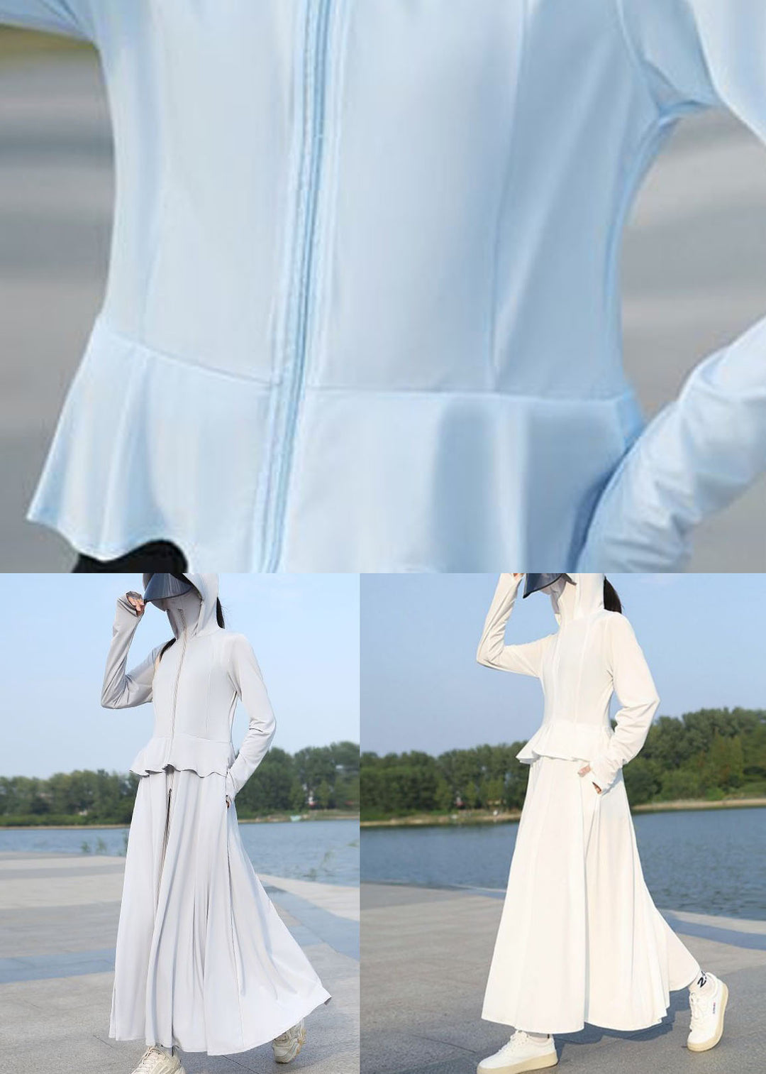 White Zippered Patchwork Ice Silk Long UPF 50+ Coat Hooded Summer