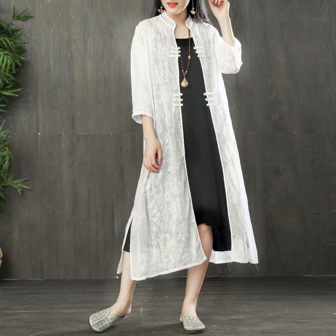 White summer women's literary linen cardigan solid color embroidery sun protection clothing - Omychic