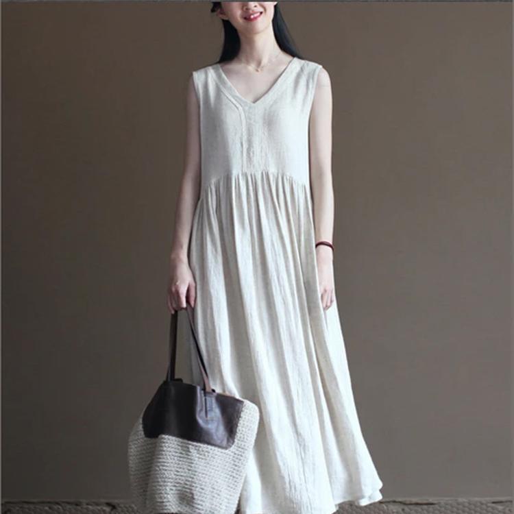 White Flowy Linen Dress Summer Long Maxi Dress Sundresses Beach Holiday Dress - Omychic