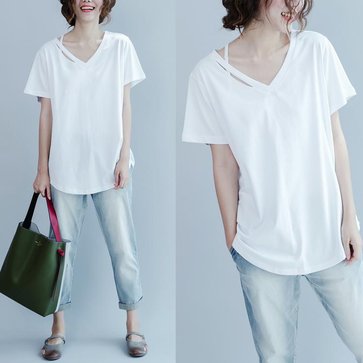 White V neck causal shirts split shoulder plus size cotton blouses - Omychic