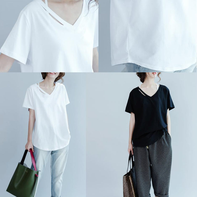 White V neck causal shirts split shoulder plus size cotton blouses - Omychic