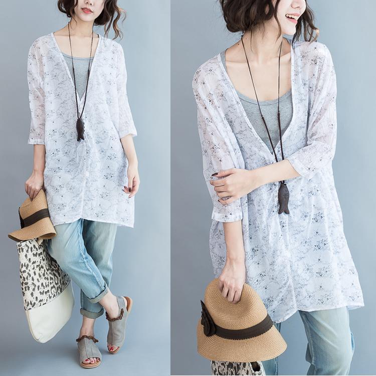 White V neck floral shirts oversize cardigans long sleeve cotton coats - Omychic