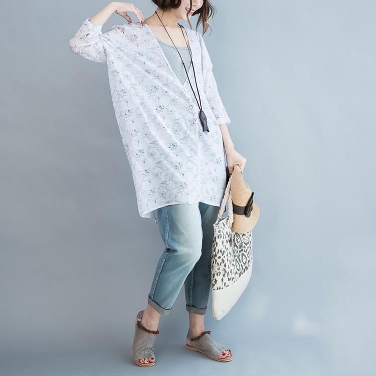 White V neck floral shirts oversize cardigans long sleeve cotton coats - Omychic