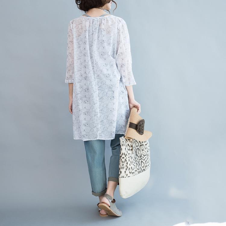 White V neck floral shirts oversize cardigans long sleeve cotton coats - Omychic