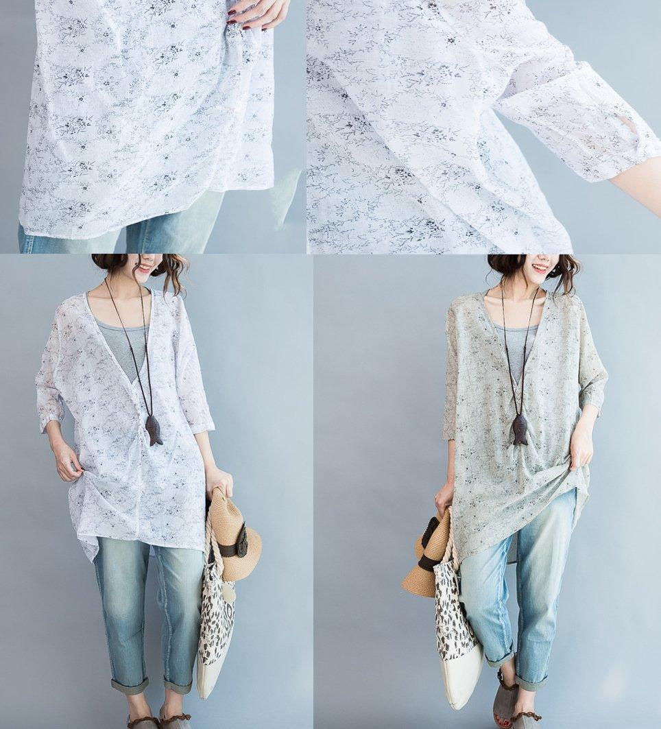 White V neck floral shirts oversize cardigans long sleeve cotton coats - Omychic