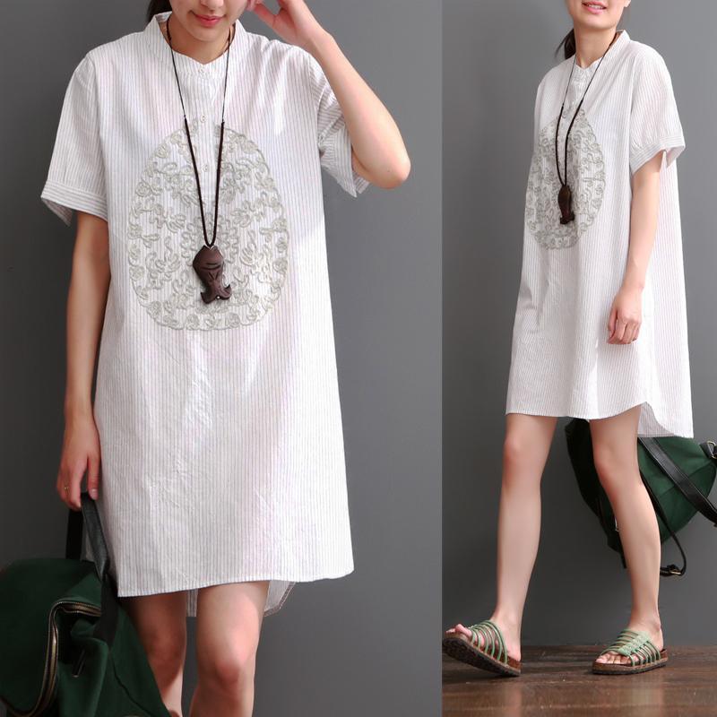 White casual dress summer print cotton dresses - Omychic