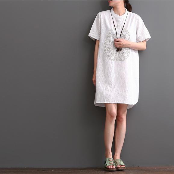 White casual dress summer print cotton dresses - Omychic