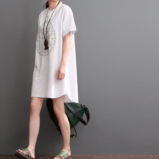 White casual dress summer print cotton dresses - Omychic