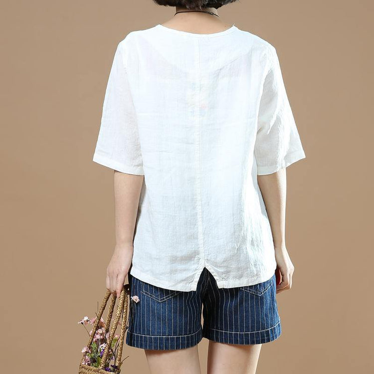 White casual unique prints linen tops plus size summer blouse v neck t shirt - Omychic
