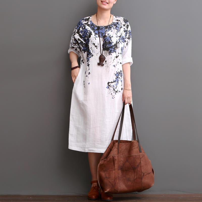 White cotton dress floral plus size dresses for summer - Omychic