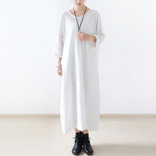 White cotton dress long sleeve linen spring dresses oversize caftans - Omychic
