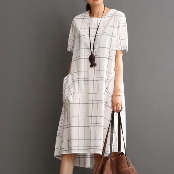 White Cotton Dress Plaid Sundress Plus Size Summer Maxi Dress - Omychic