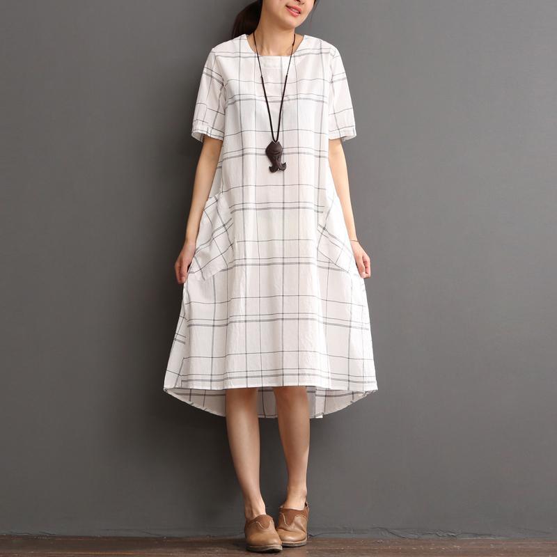 White Cotton Dress Plaid Sundress Plus Size Summer Maxi Dress - Omychic