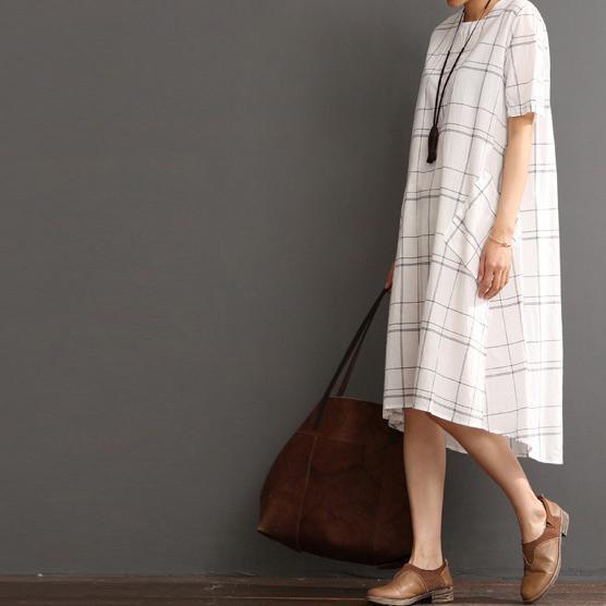 White Cotton Dress Plaid Sundress Plus Size Summer Maxi Dress - Omychic