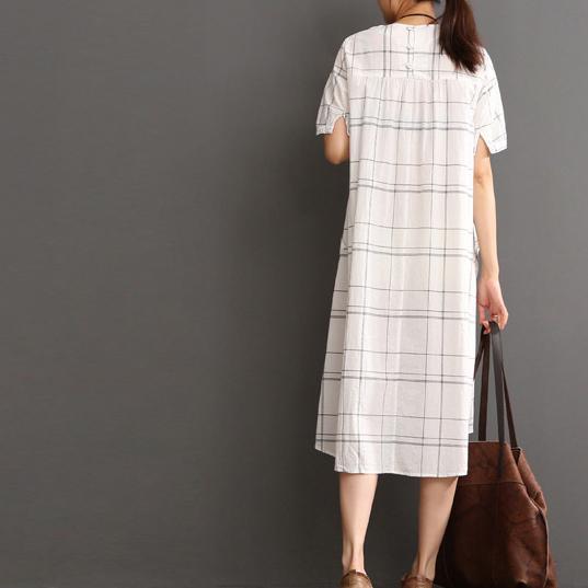 White Cotton Dress Plaid Sundress Plus Size Summer Maxi Dress - Omychic