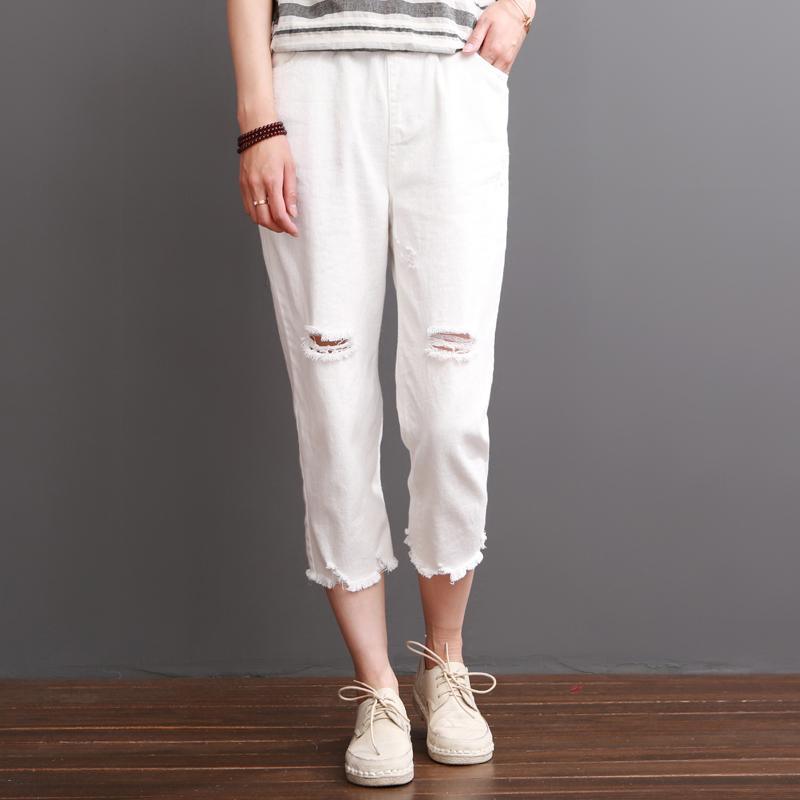 White cotton pants summer crop pants women - Omychic
