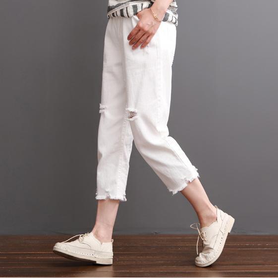 White cotton pants summer crop pants women - Omychic
