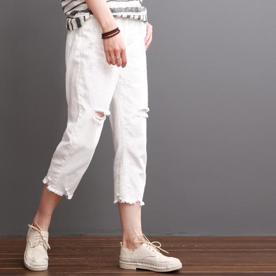 White cotton pants summer crop pants women - Omychic