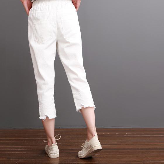 White cotton pants summer crop pants women - Omychic