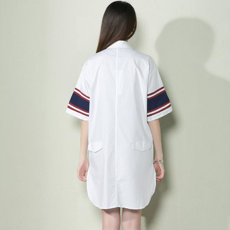 White cotton plus size shirt dress women sundress navy sleeves - Omychic