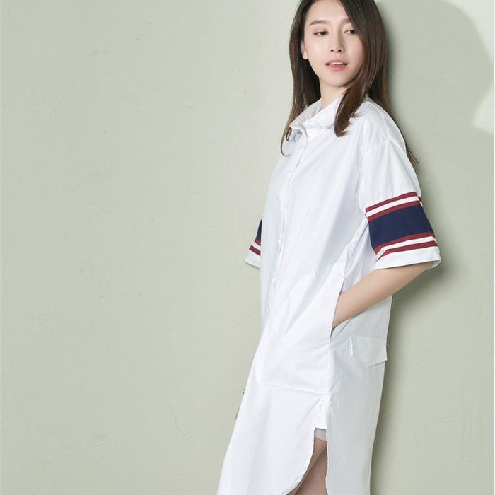 White cotton plus size shirt dress women sundress navy sleeves - Omychic