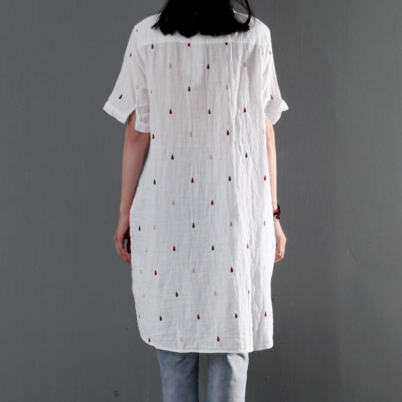 White cotton shift dress for summer plus size sundress fine cotton dotted embroidery - Omychic