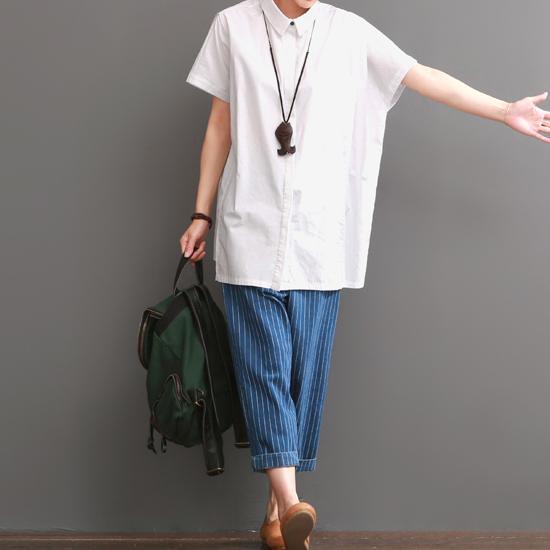 White cotton shirt short sleeve summer blouse women - Omychic