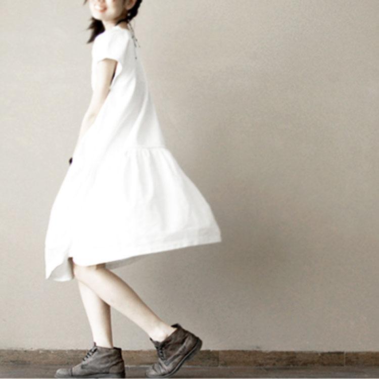 White cotton summer dress natural fit flare dress short sleeve sundress - Omychic