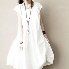 White cotton summer dress natural fit flare dress short sleeve sundress - Omychic