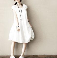 White cotton summer dress natural fit flare dress short sleeve sundress - Omychic