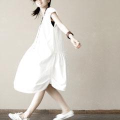 White cotton summer dress natural fit flare dress short sleeve sundress - Omychic