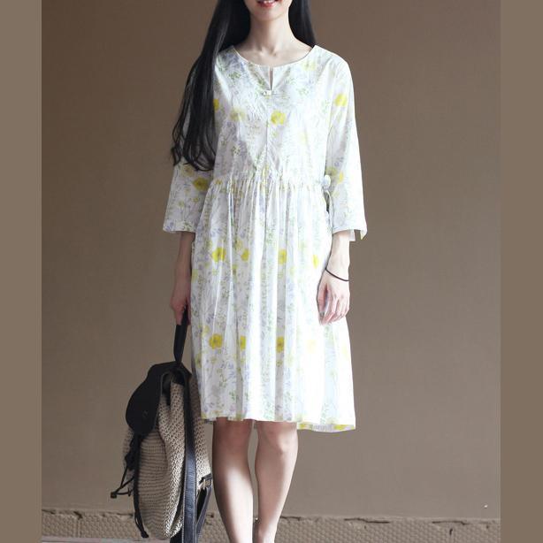 White daisy print cotton dresses oversize bracelet sleeve knee dress - Omychic