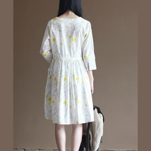 White daisy print cotton dresses oversize bracelet sleeve knee dress - Omychic