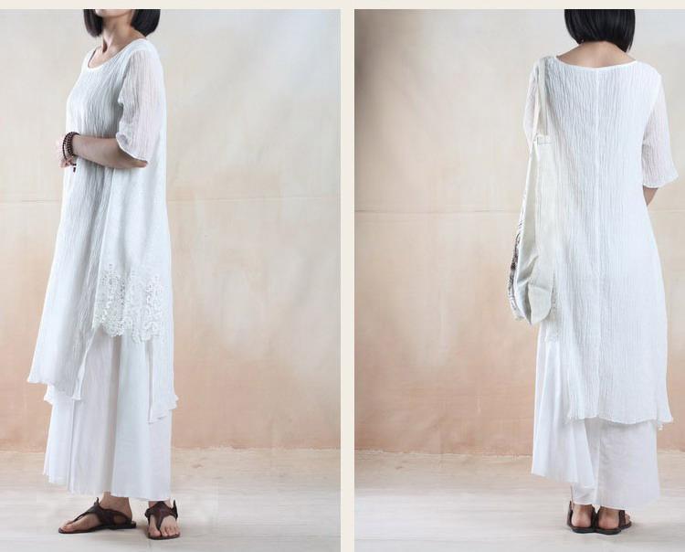 White dress pleated linen sundress long linen maxi dresses plus size - Omychic
