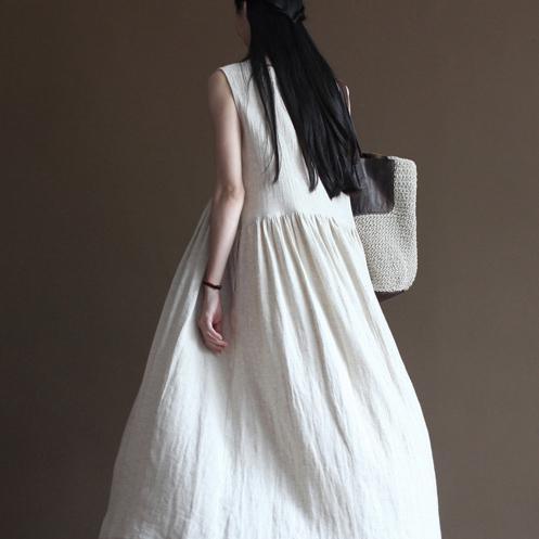 White Flowy Linen Dress Summer Long Maxi Dress Sundresses Beach Holiday Dress - Omychic