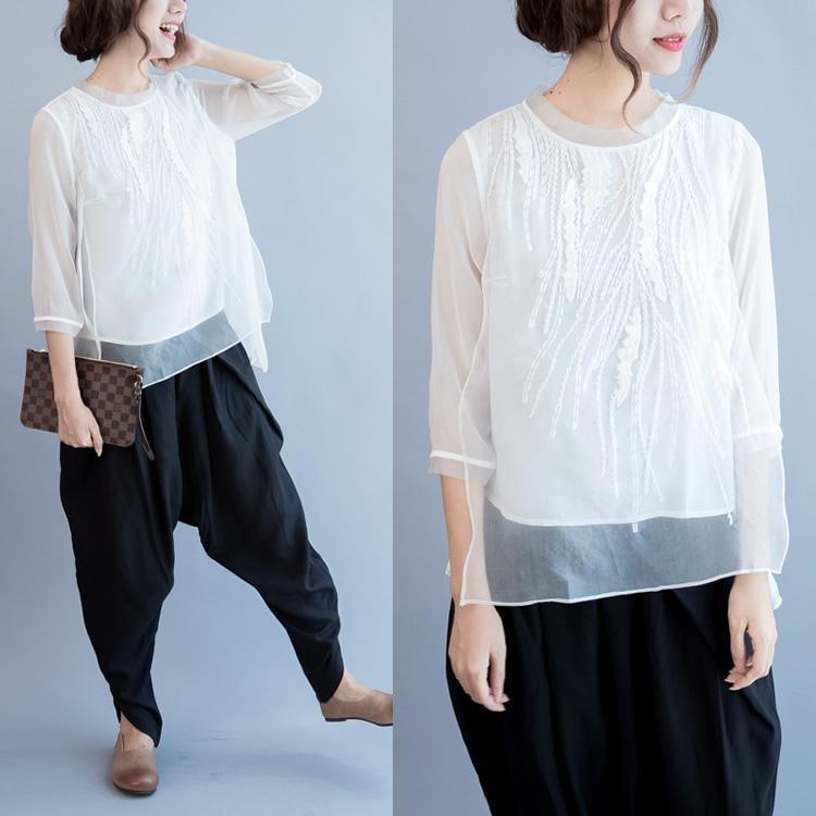 White Flowy Silk Blouses Flowy Womens Long Sleeve Shirt Top - Omychic