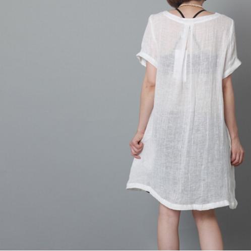 White flowy summer linen dresses oversize sundress linen casual holiday clothing - Omychic