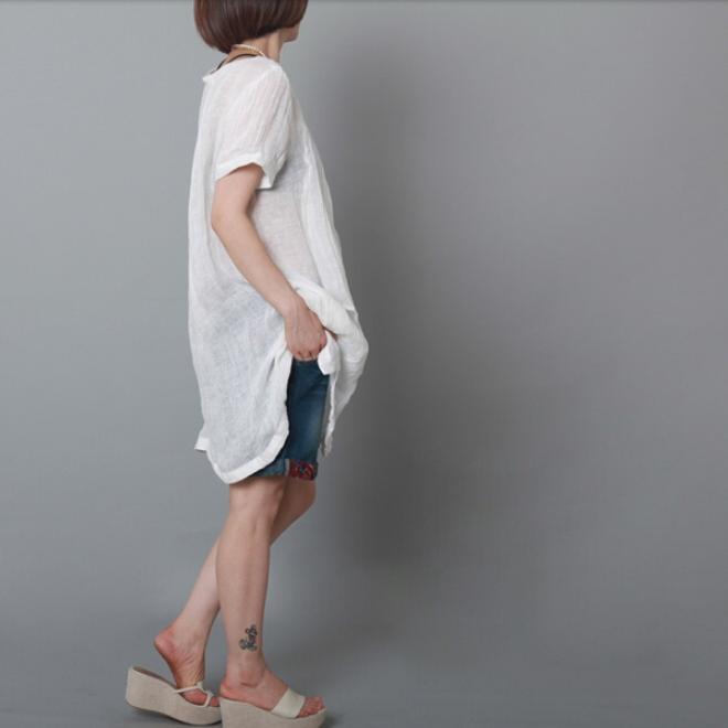 White flowy summer linen dresses oversize sundress linen casual holiday clothing - Omychic