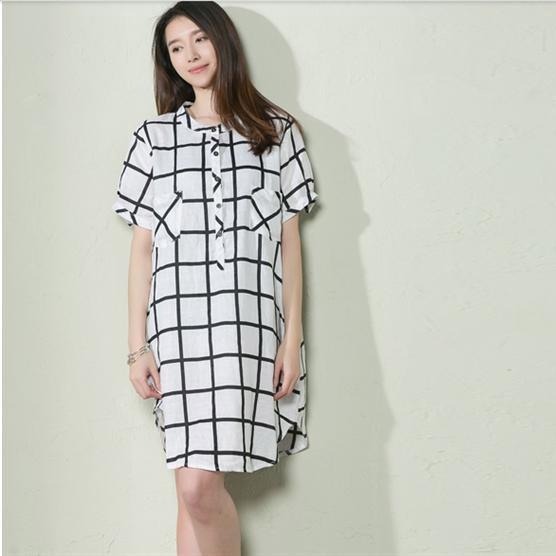 White grid summer baggy dress plus size shift dress sundresses - Omychic