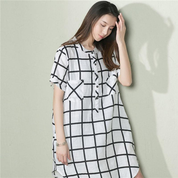 White grid summer baggy dress plus size shift dress sundresses - Omychic