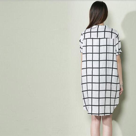 White grid summer baggy dress plus size shift dress sundresses - Omychic