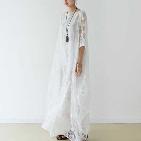 White lace flowy chiffon maxi dresses oversize chiffon dress beach dressses caftans - Omychic