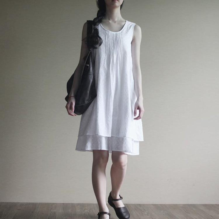 White layered cotton sundress sleeveless summer dress loose fitting - Omychic