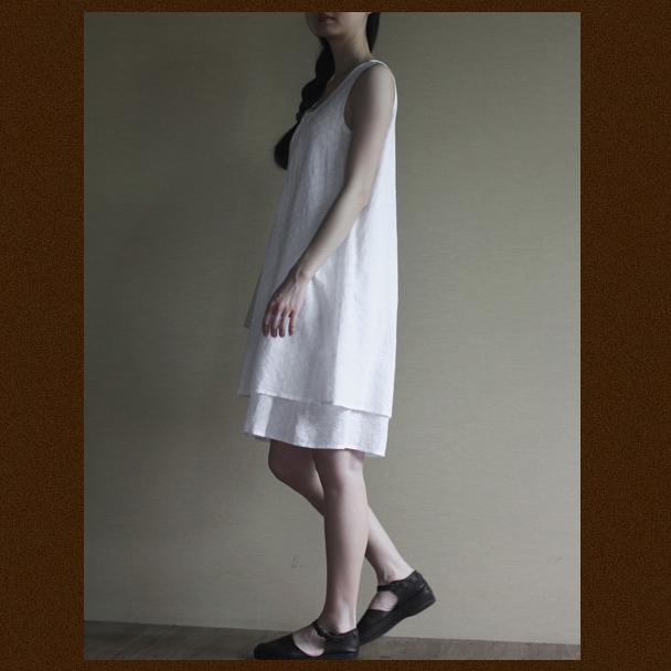 White layered cotton sundress sleeveless summer dress loose fitting - Omychic