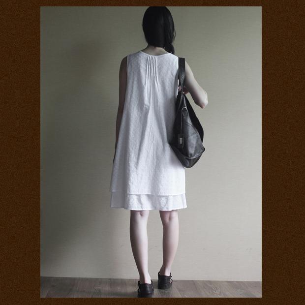 White layered cotton sundress sleeveless summer dress loose fitting - Omychic