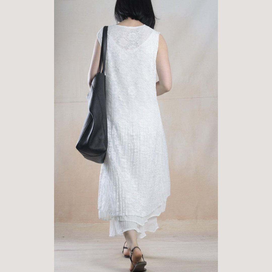White layered lace dresses sleeveless summer maxi dress lace sundresses patchwork chiffon linen - Omychic