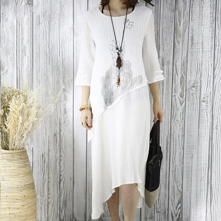 White layered summer dress linen maxi dresses half sleeve traveling clothing - Omychic