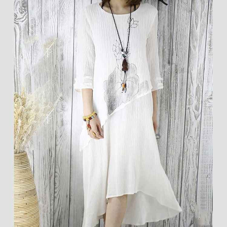 White layered summer dress linen maxi dresses half sleeve traveling clothing - Omychic