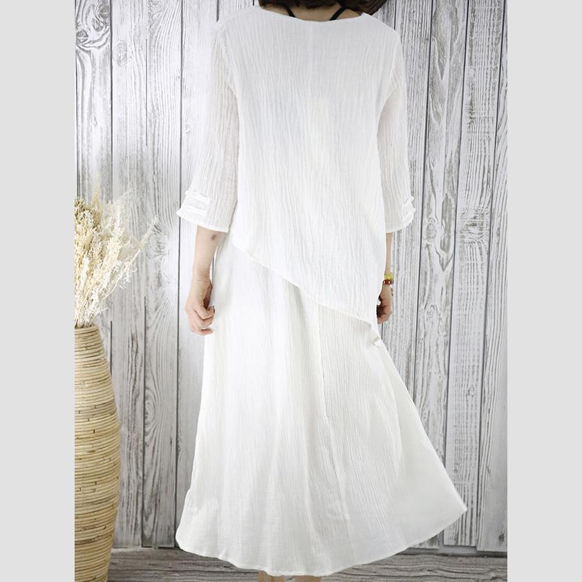 White layered summer dress linen maxi dresses half sleeve traveling clothing - Omychic