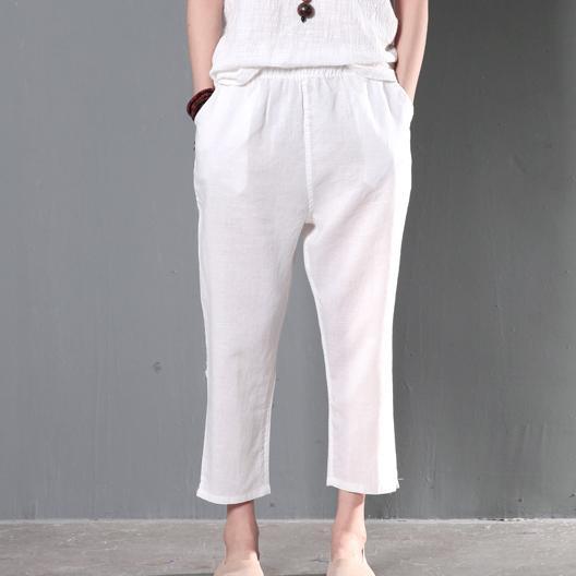 White linen crop pants plus size women summer - Omychic
